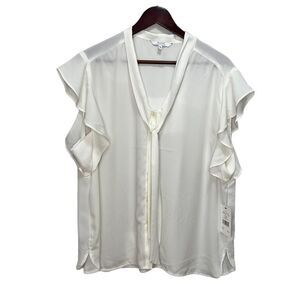 Alfred Sung Button Down Ruffle blouse Size XXL NWT Neutral Minimalist